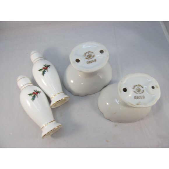 Lefton China Holly Salt Pepper Shakers and 2 Pedestal Candy Nut Dish Set - Picture 5 of 11